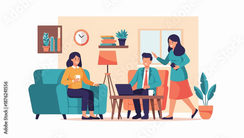 Three people interacting in a living room with a laptop, drinks, and decor