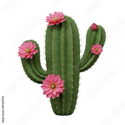 Vibrant Green Cactus with Pink Blooming Flowers Isolated on White Background