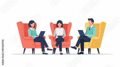 Three people sit in comfortable armchairs, each using a laptop computer in a modern setting