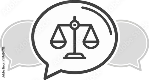 Stylized scales of justice icon within a speech bubble, flanked by two other chat bubbles