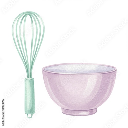 Mint Whisk and Pink Bowl Watercolor Illustration on White Background for Culinary Design