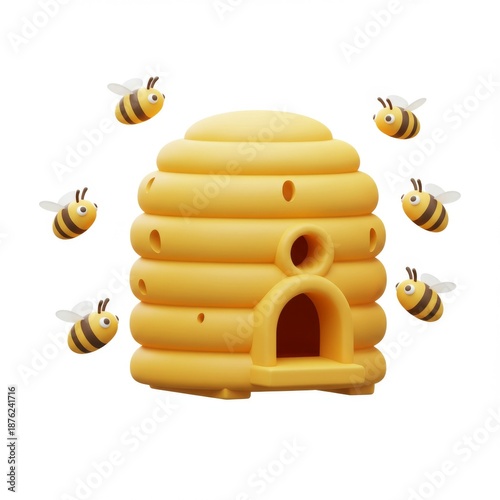 Bees Hovering Around a Yellow Striped Beehive Isolated on White Background Render