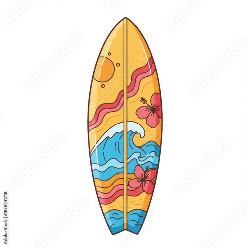 Graphic Yellow Surfboard with Hibiscus Flowers and Waves on a White Background
