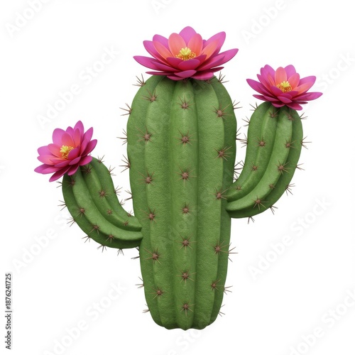 Illustration of Three Dimensional Green Cactus with Pink Flowers on White Background