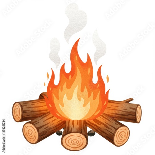 Campfire Illustration with Burning Wood Logs Emitting Smoke and Orange Flames