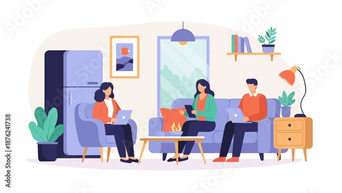 Three people sit on couches, working on laptops in a modern living room setting