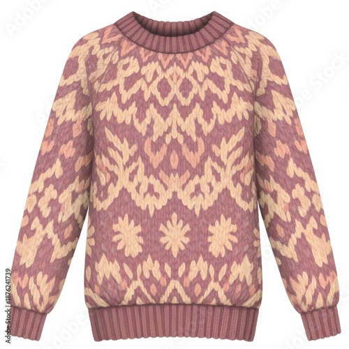 Rose and Beige Knitted Sweater with Intricate Geometric Pattern Detailed Fabric