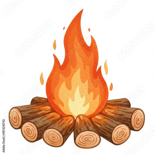 Glowing Orange Bonfire Illustration with Stacked Wooden Logs and Bright Flames
