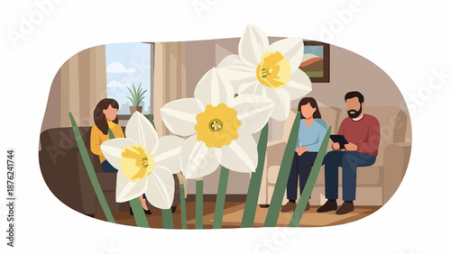 Three people sit in a room with large daffodils in the foreground