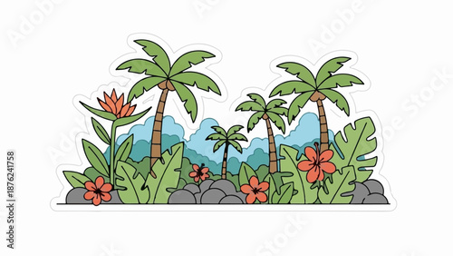 Tropical scene with palm trees, vibrant flowers, lush foliage, and distant clouds