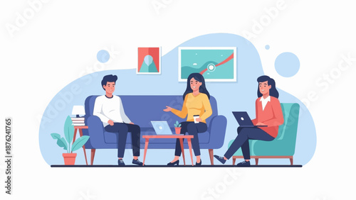 Three people, two men and one woman, engage in a discussion while seated in a modern living room