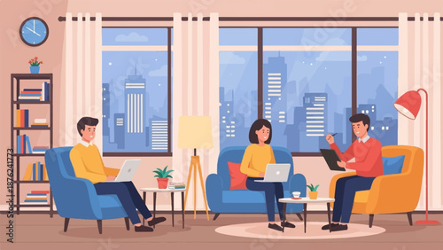 Three people work on laptops and tablets in a modern living room with city view