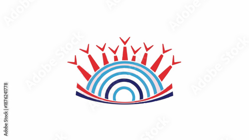 Stylized semi-circle design with radiating red arrows