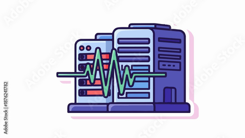 Stylized servers with a fluctuating data graph overlaid