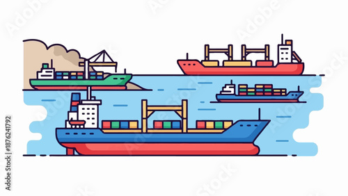 Three cargo ships, a smaller boat, and a crane in a blue sea