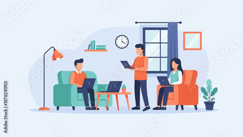 Three people work remotely on laptops in a stylized living room setting