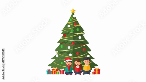 Three children sit cross-legged before a decorated Christmas tree with presents