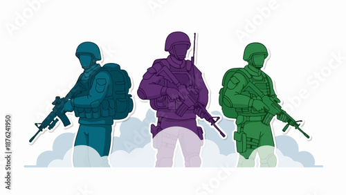 Stylized soldiers in colorful outlines, holding rifles and wearing helmets, against a white backdrop