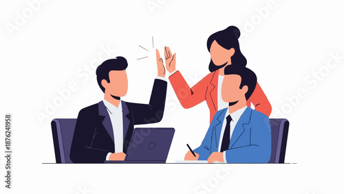 Three colleagues collaborating and celebrating success with a high-five