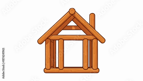 Stylized wooden cabin frame with a peaked roof and chimney