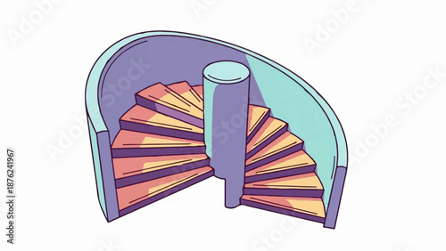 Stylized spiral staircase with purple and teal enclosing walls, and wooden steps