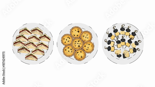 Three plates of food sandwiches, tarts, and skewers with cheese and olives