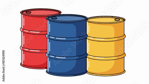 Three colorful barrels stand in a row, red, blue, and yellow