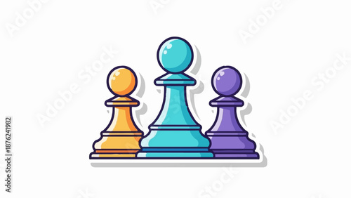Three colorful chess pawns stand side by side on a white background