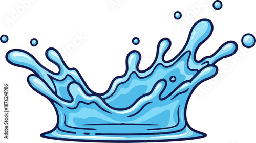 Stylized splash of blue liquid with droplets, outlined in dark blue, against a white background