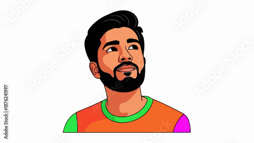 Stylized portrait of a young man with a beard, looking up