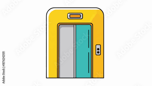 Stylized yellow elevator with teal and gray doors, featuring a control panel
