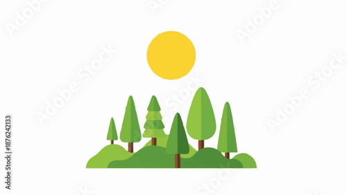 Stylized sunny landscape with rolling green hills and diverse evergreen trees