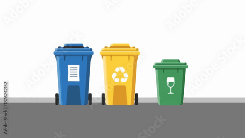 Three colorful recycling bins blue for paper, yellow for general waste, and green for glass
