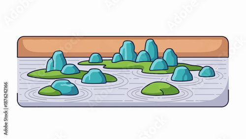 Stylized Zen garden with blue rocks on green islands in raked sand