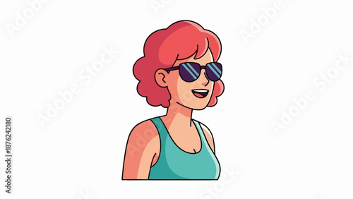 Stylized portrait of a smiling woman with pink hair wearing sunglasses and a teal tank top