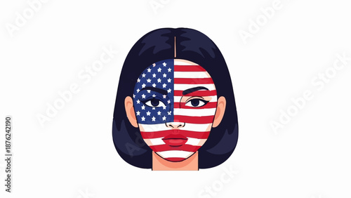 Stylized portrait of a person with their face painted as the American flag, dark hair