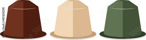 Three small coffee capsules in brown, beige, and green