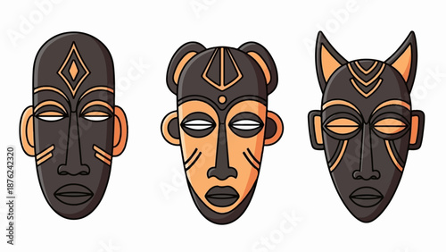 Three stylized African tribal masks with dark brown and orange hues