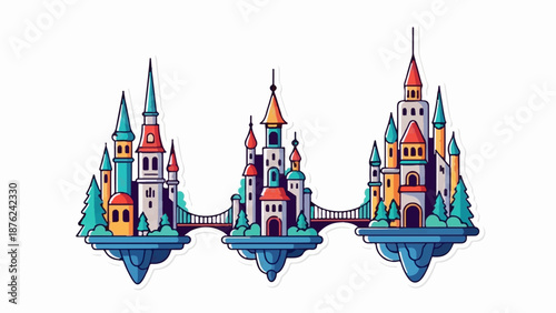 Three fantastical floating castles connected by bridges, set against a white background