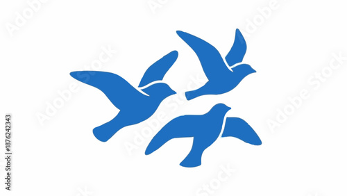 Three stylized blue birds in flight against a white background