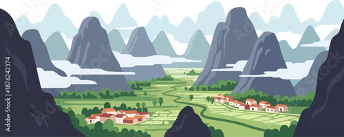 Stylized pixel art vista featuring mist-shrouded mountains, a winding river, and a quaint village amidst lush fields