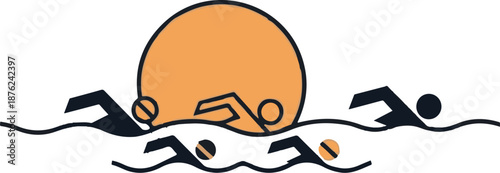 Stylized swimmers race with large orange sun overhead
