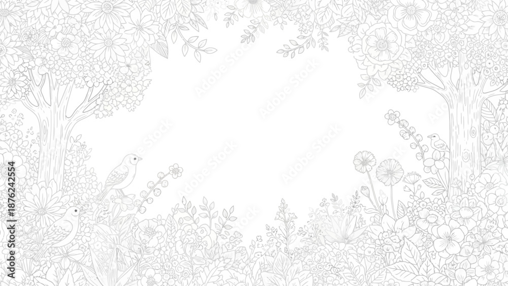 Obraz premium Whimsical floral border with birds and trees for coloring book