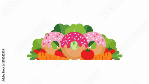 Sweet donuts nestled amongst fresh vegetables and green leaves