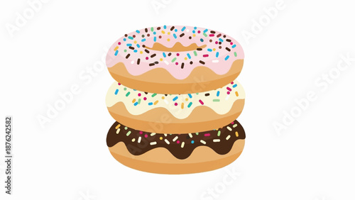 Three iced donuts stacked, topped with sprinkles in pink, cream, and chocolate