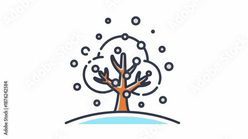 Stylized tree with orbiting orbs and a water body below