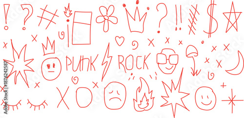  collection of hand-drawn doodles and symbols associated with punk rock culture. 