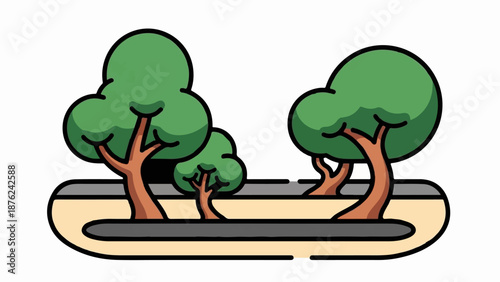 Stylized trees in a park setting with paved paths and grassy areas