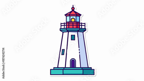 Tall, white lighthouse with a red, blue, and glass top, standing on a teal base