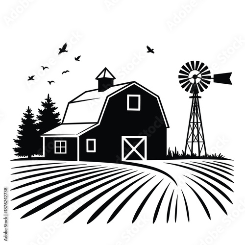 a black and white image of a barn and windmill in a rural setting